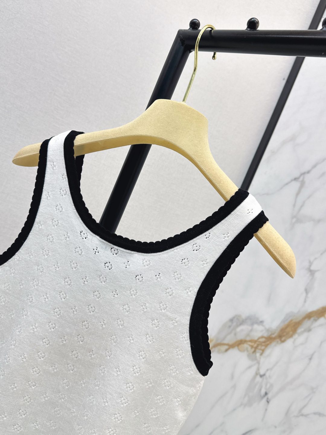Miu Miu White Eyelet Tank Top with Black Trim