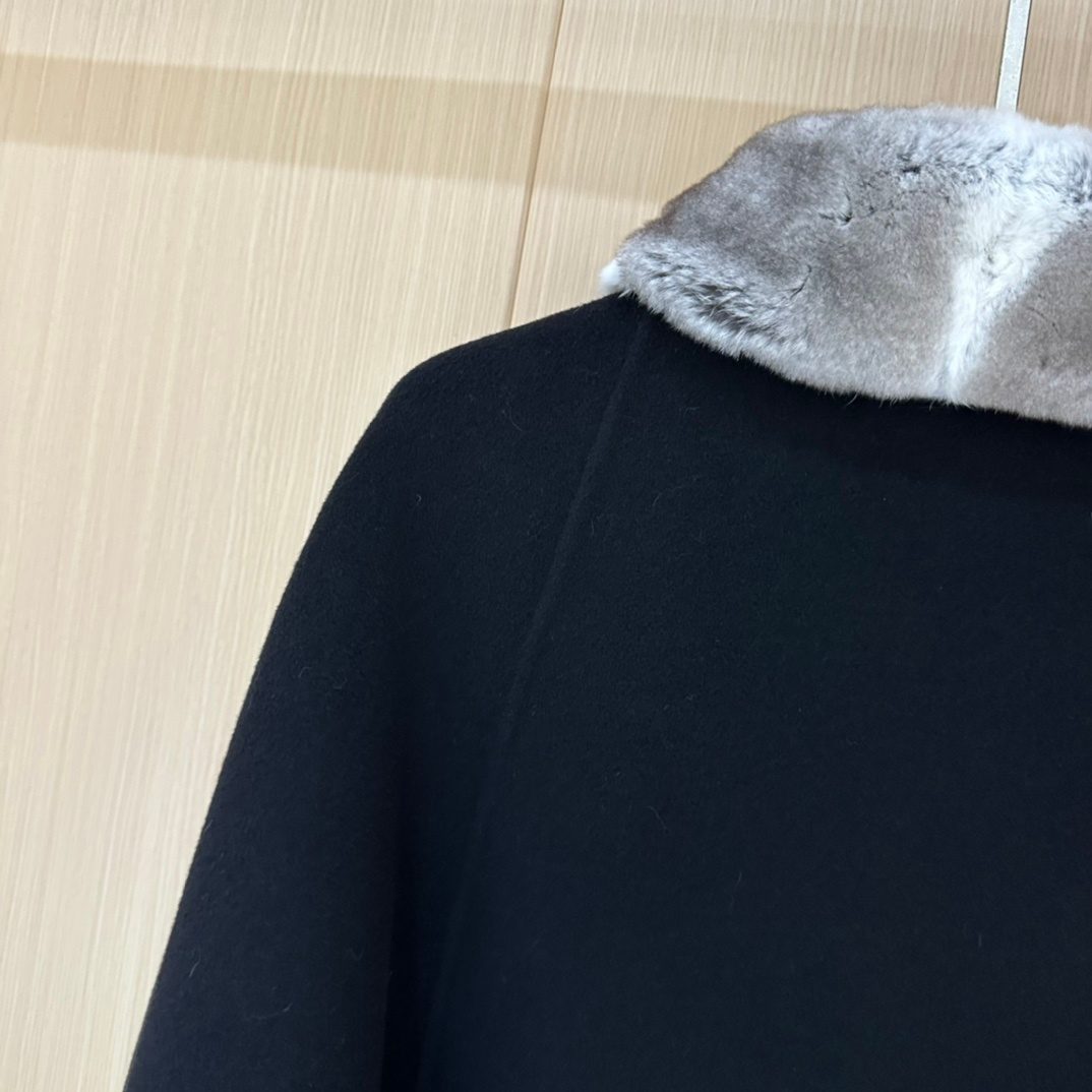 Black Wool Cape with Fur Collar and Cuffs