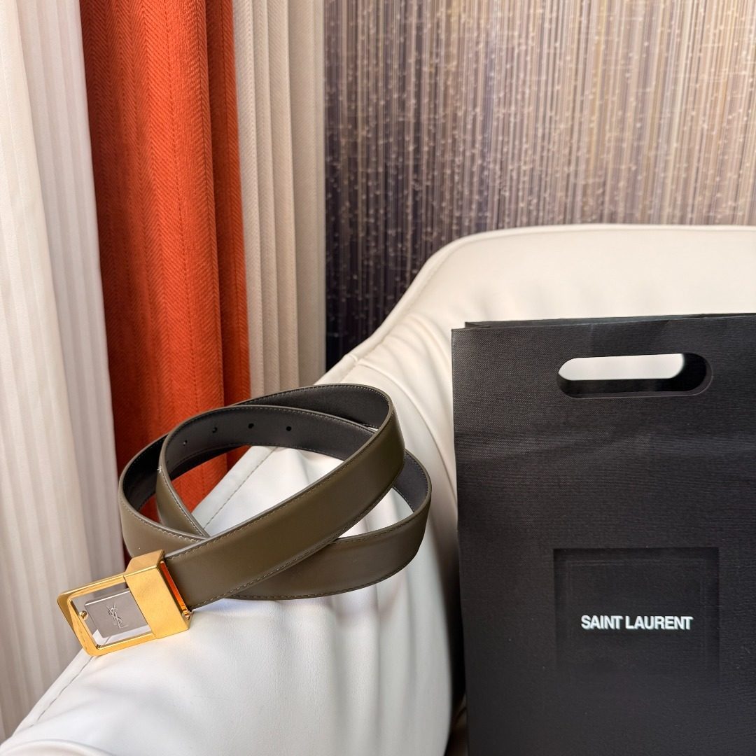 Saint Laurent Reversible Leather Belt with Gold Buckle