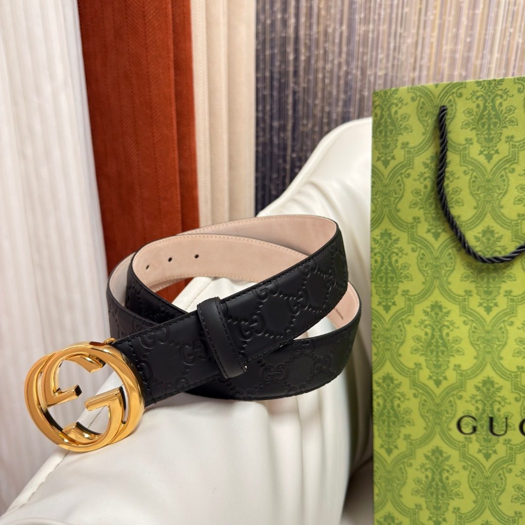 Gucci GG Embossed Leather Belt with Gold Buckle