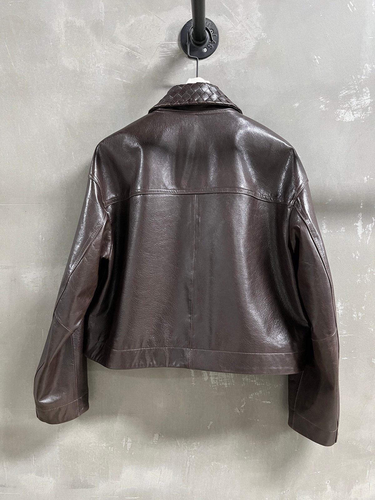 Brown Leather Cropped Jacket with Quilted Collar
