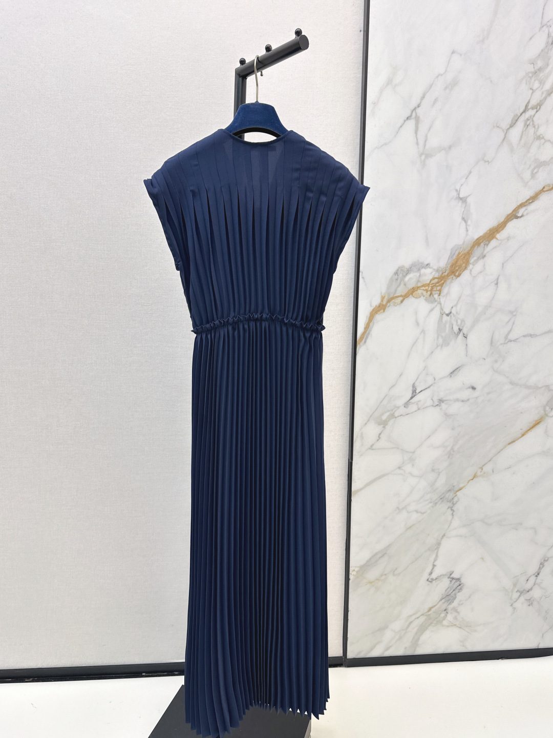Pleated Navy Polyester Sleeveless Dress
