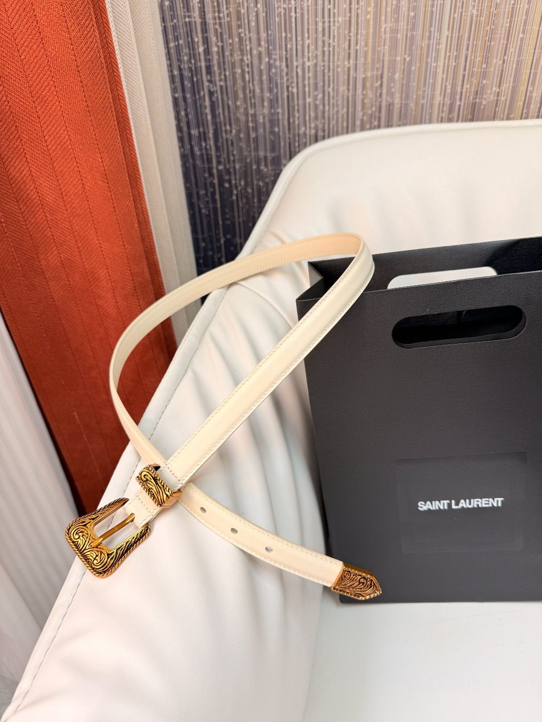 Saint Laurent Cream Leather Belt with Gold Hardware