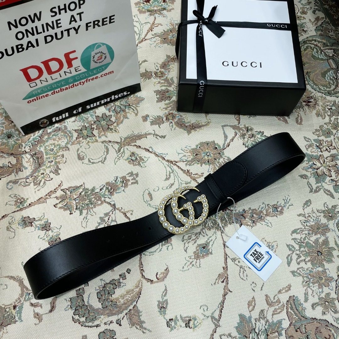 Gucci Pearl Buckle Leather Belt Black