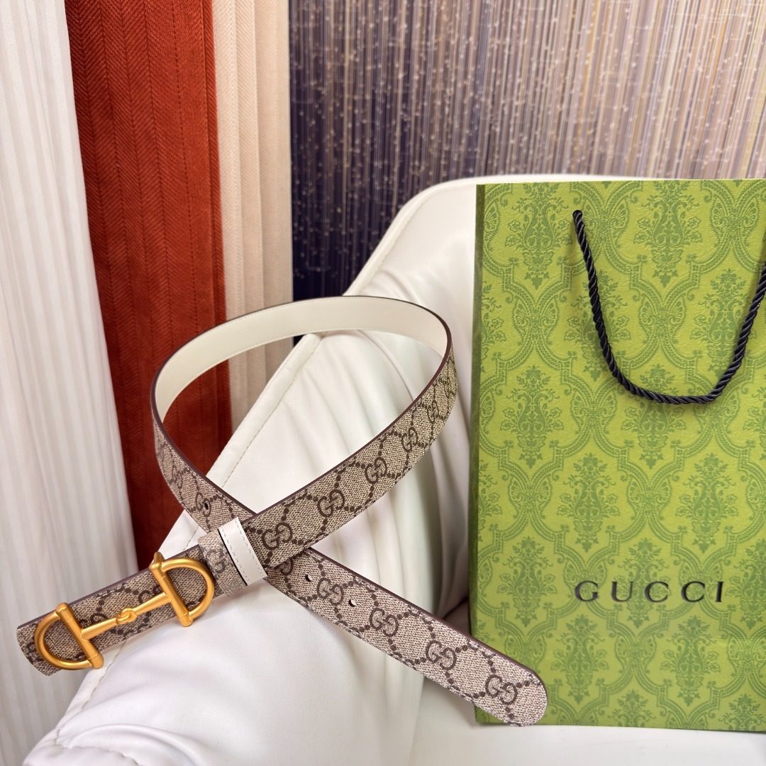 Gucci GG Monogram Leather Belt with Gold Buckle