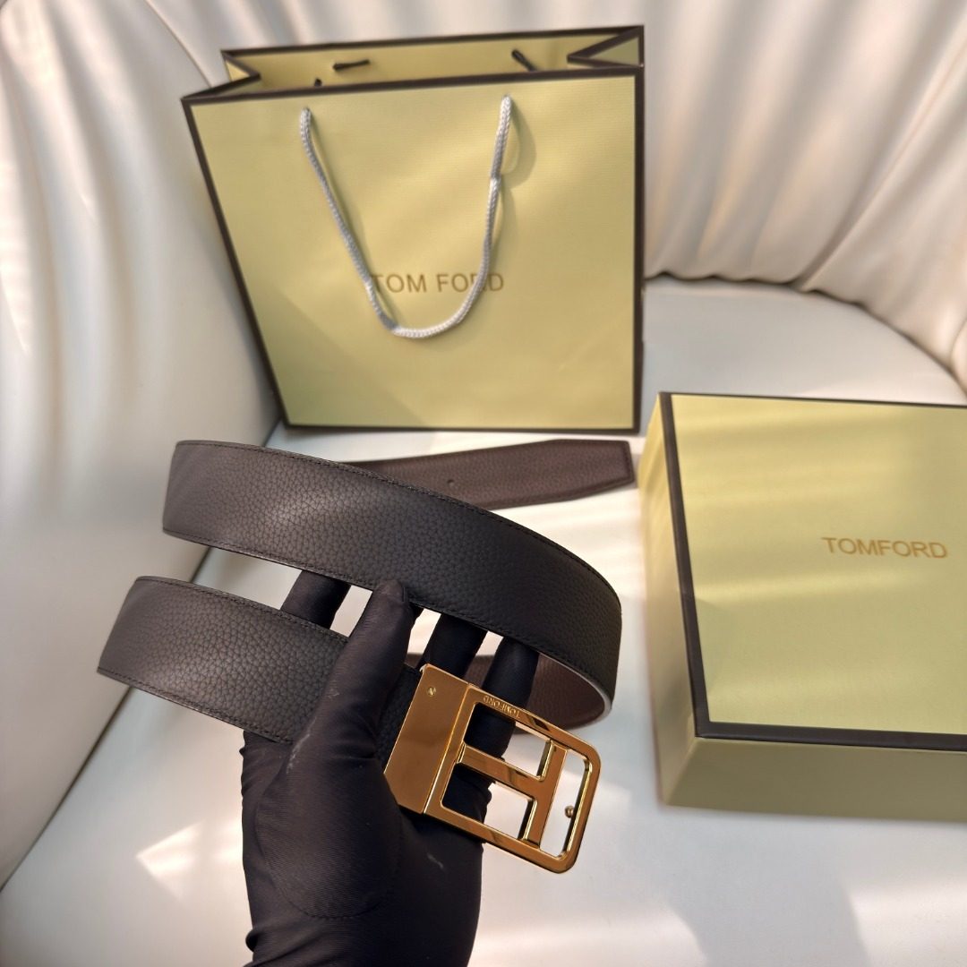 Tom Ford Textured Leather Belt with Gold Buckle