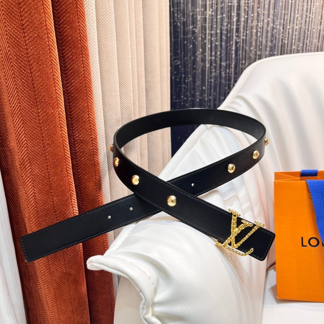 Louis Vuitton Black Leather Belt with Gold Buckle