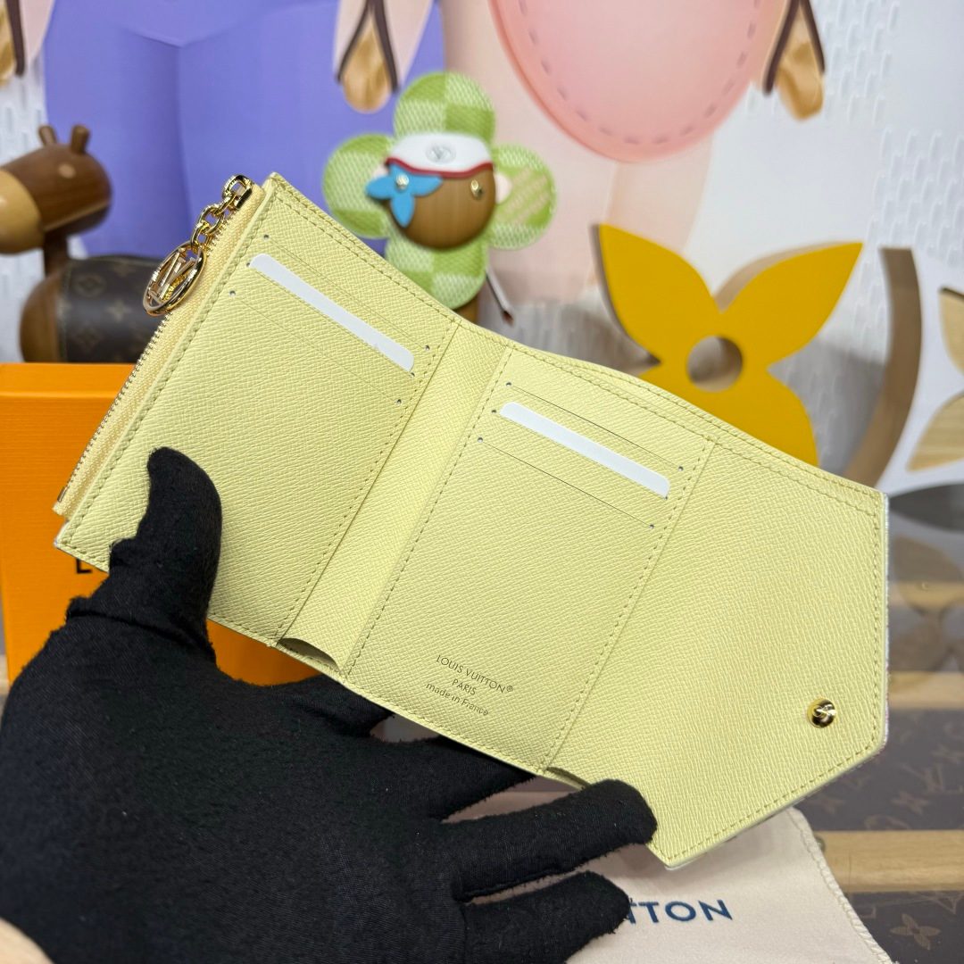 Louis Vuitton Pale Yellow Textured Leather Compact Wallet with Key Ring