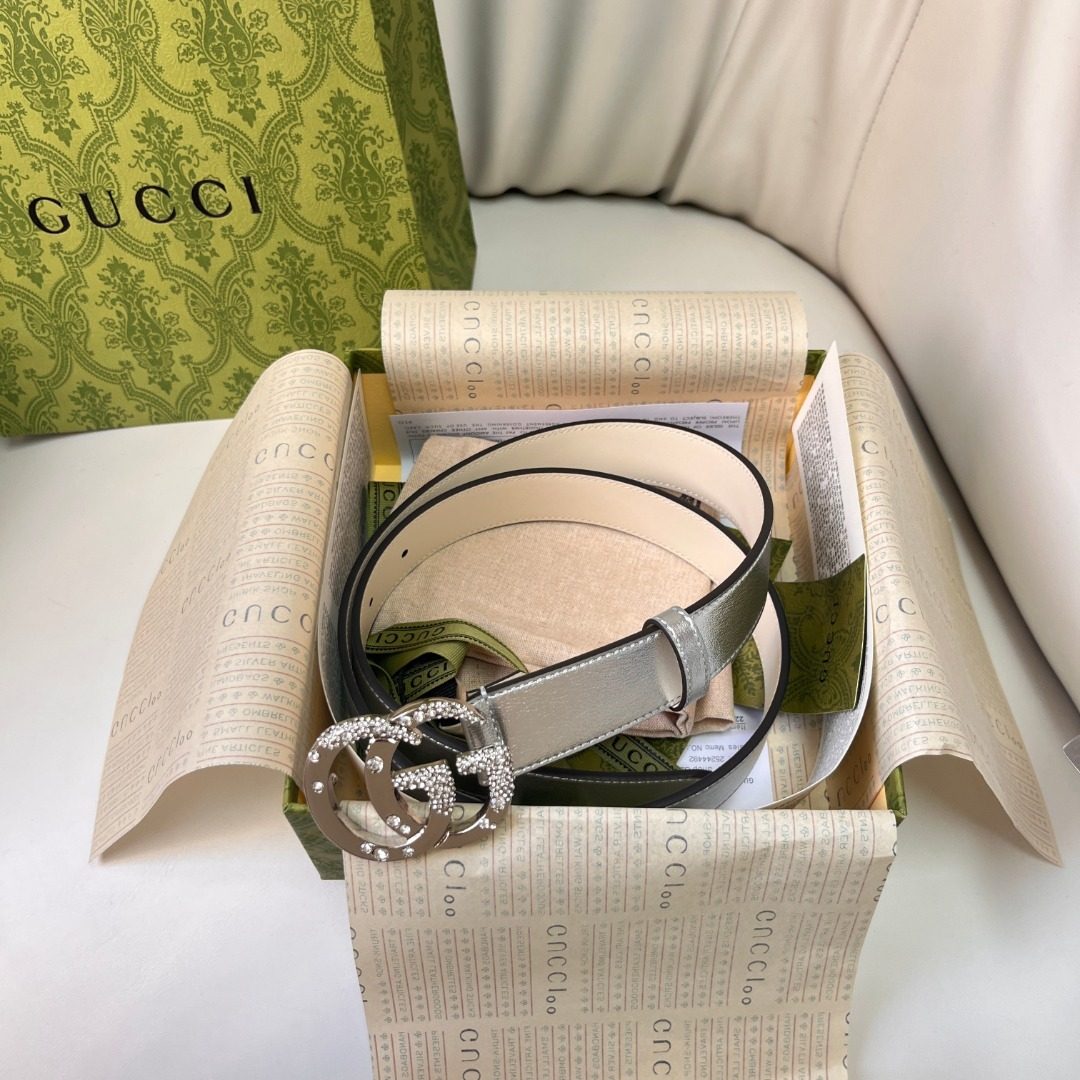 Gucci Metallic Leather Belt with Crystal Double G Buckle