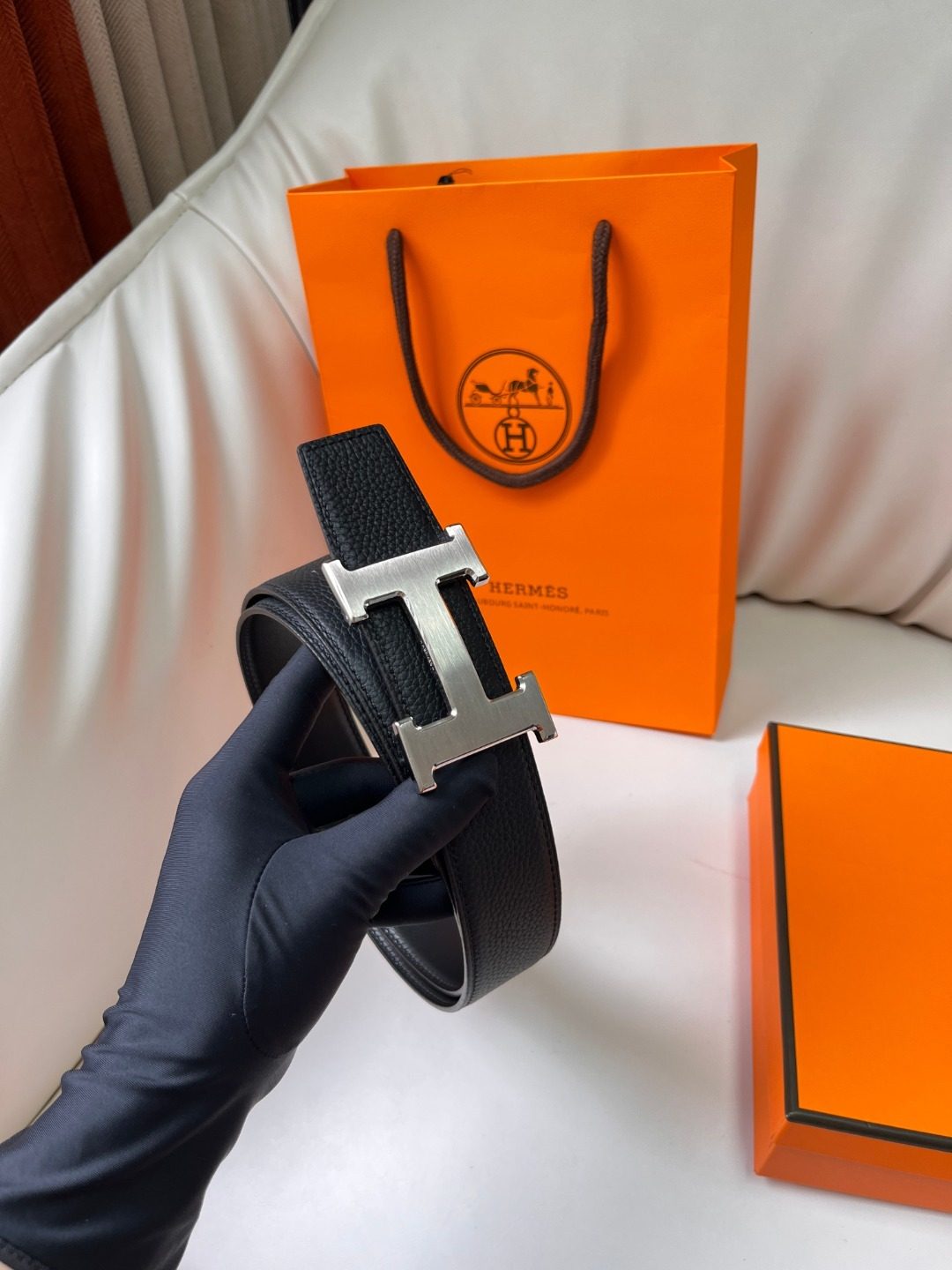 Hermès H Buckle Leather Belt Black
