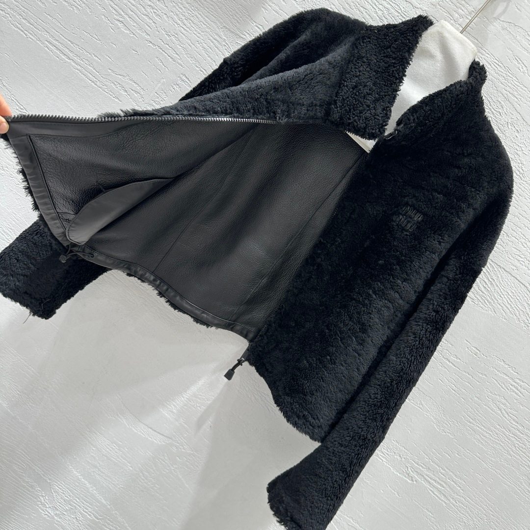 Black Sherpa Fleece Jacket with Leather Trim