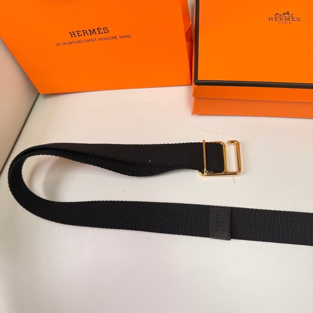 Hermès Black Canvas Web Belt with Gold Hardware