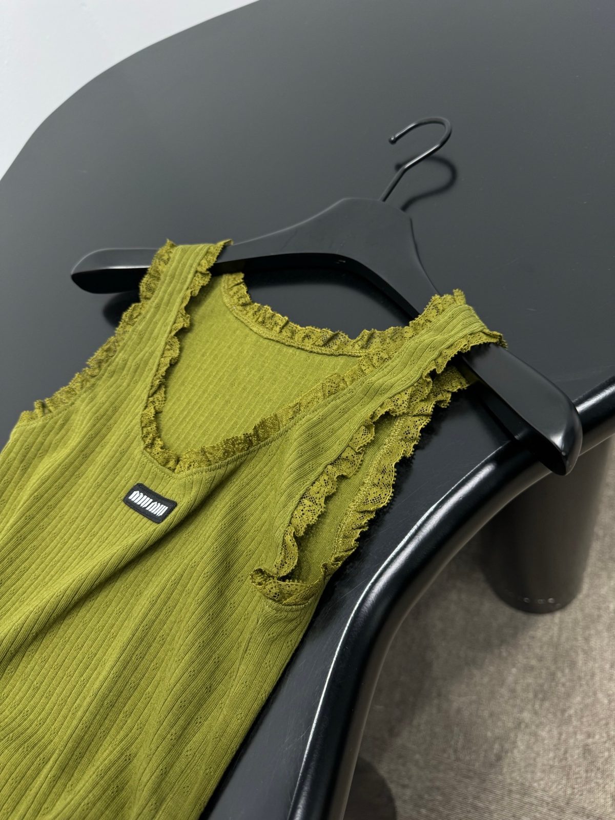 Ribbed Lace Trim Tank Top in Chartreuse