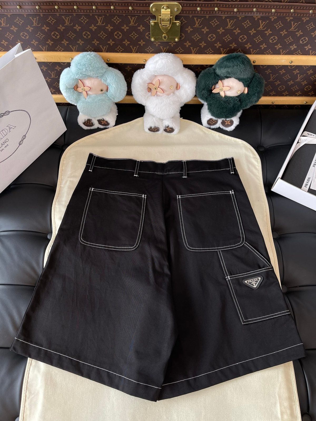 Prada Black Cargo Shorts with White Stitching
