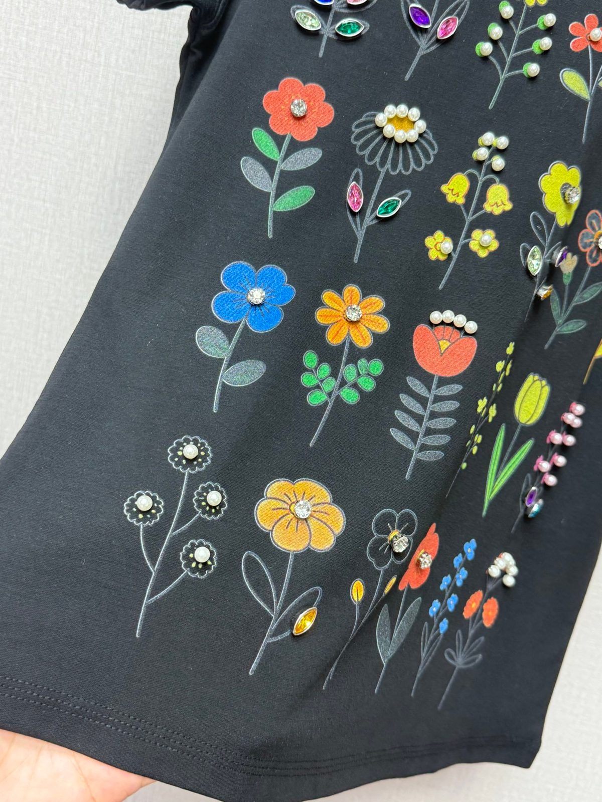 Black Cotton T-Shirt with Floral Embroidery