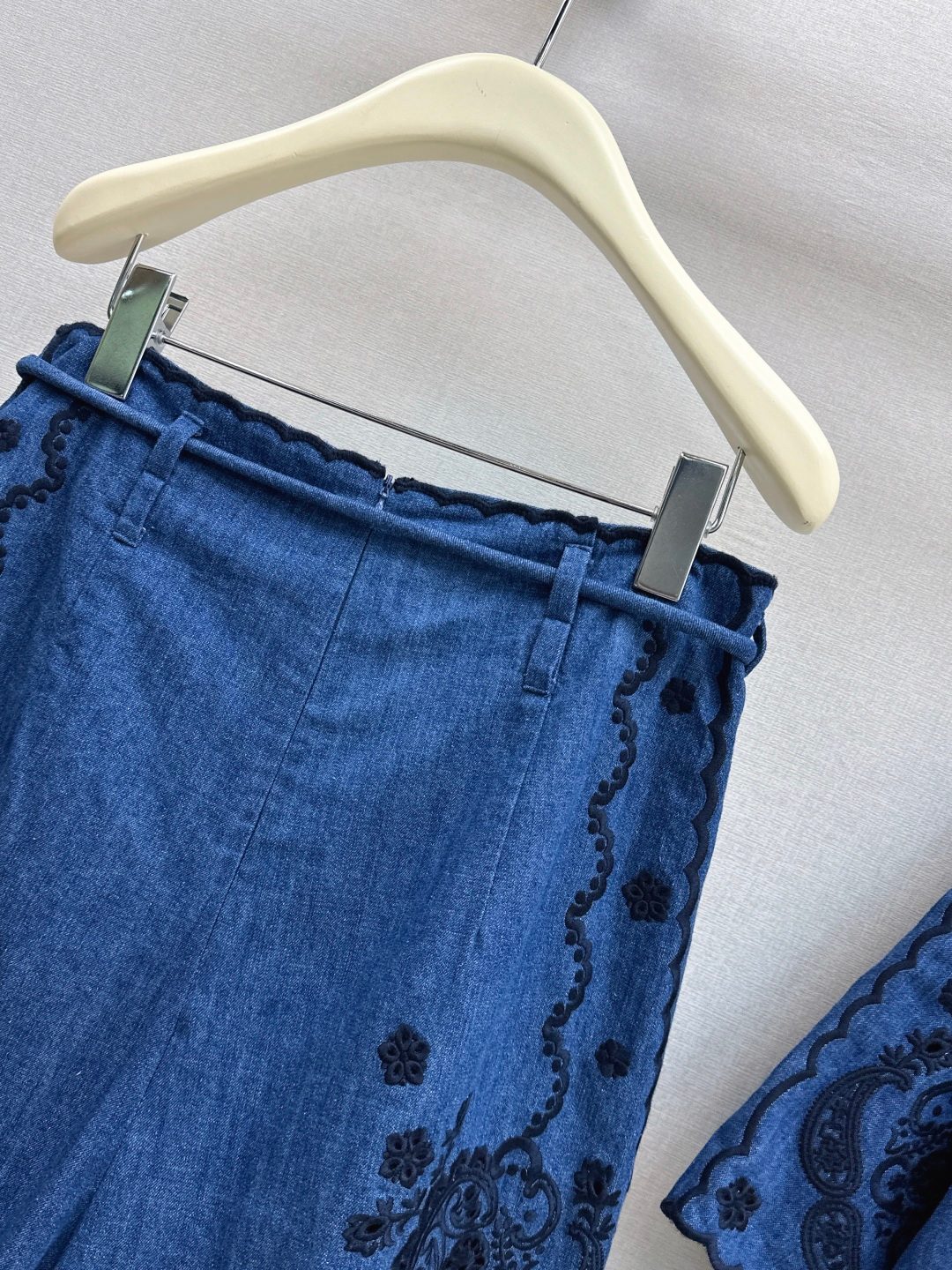Embroidered Denim Shorts with Scalloped Edges