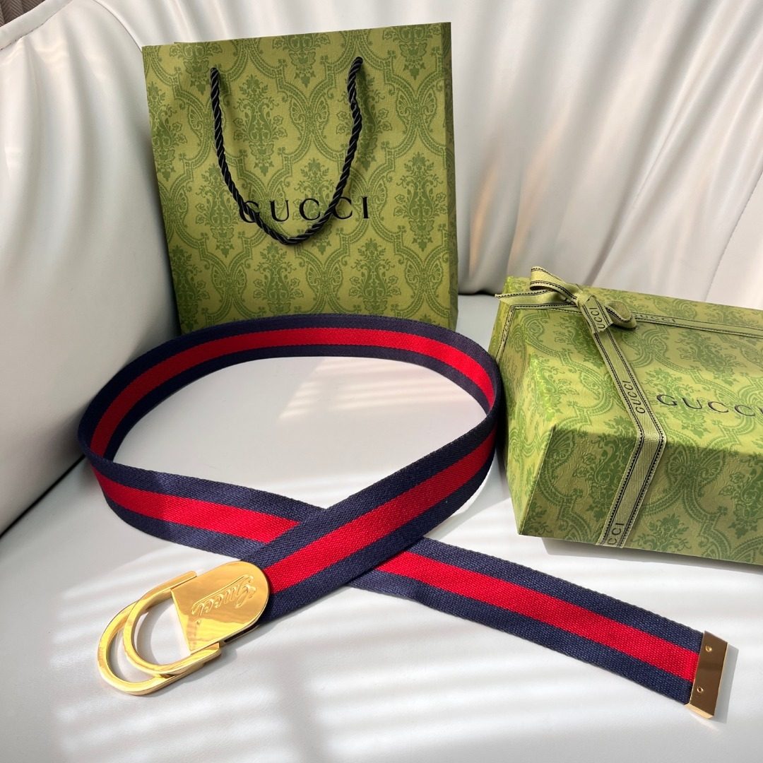 Gucci Web Stripe Canvas Belt Gold Buckle