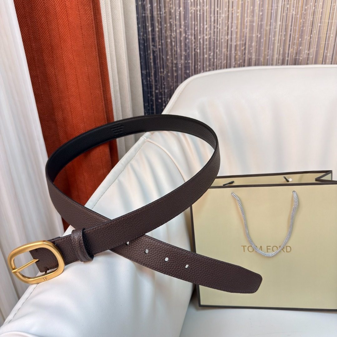 Tom Ford Grained Leather Belt with Gold Buckle