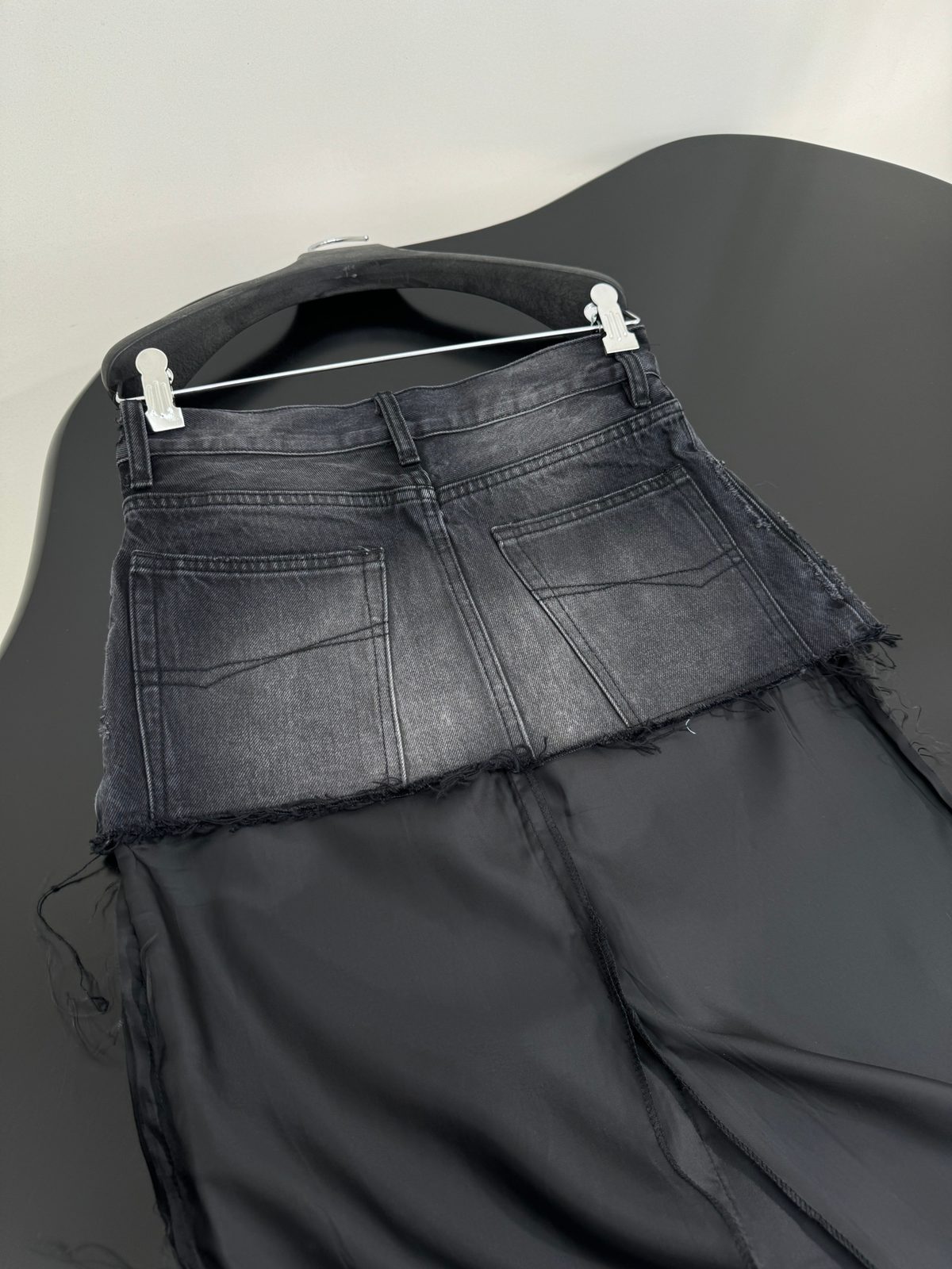 Black Denim Patchwork Skirt with Cargo Overlay