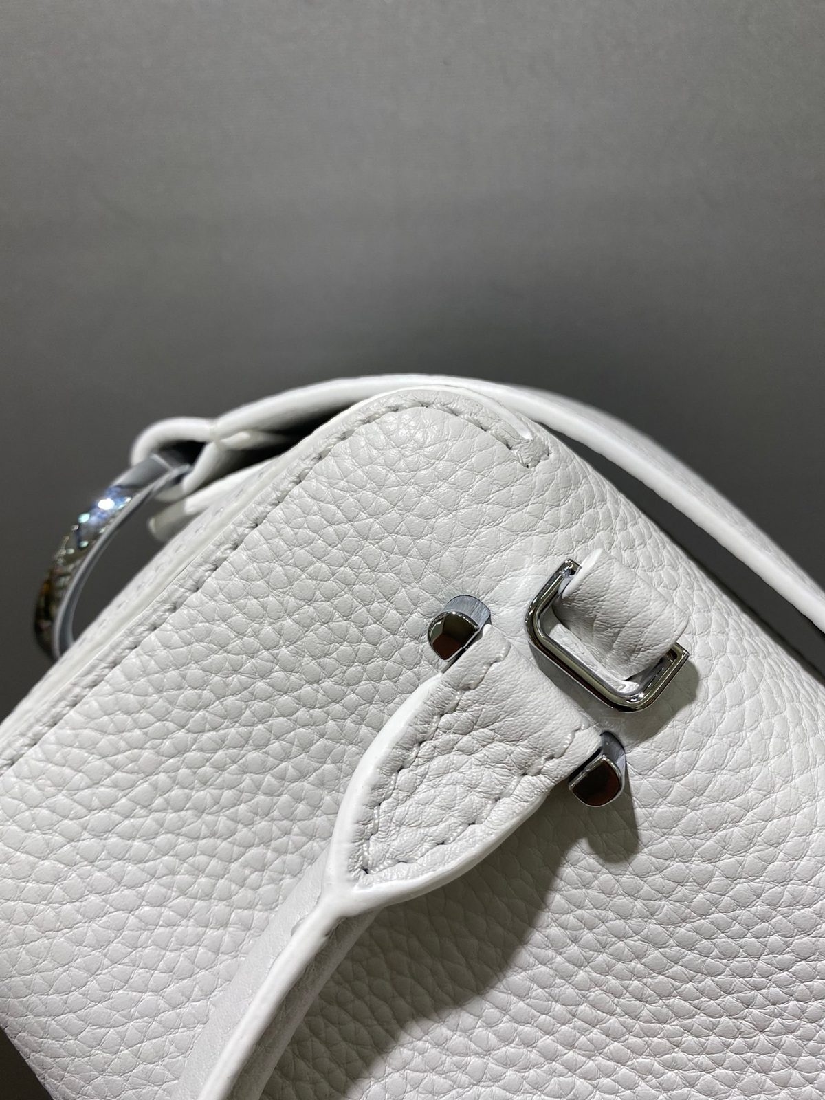 White Pebbled Leather Structured Handbag