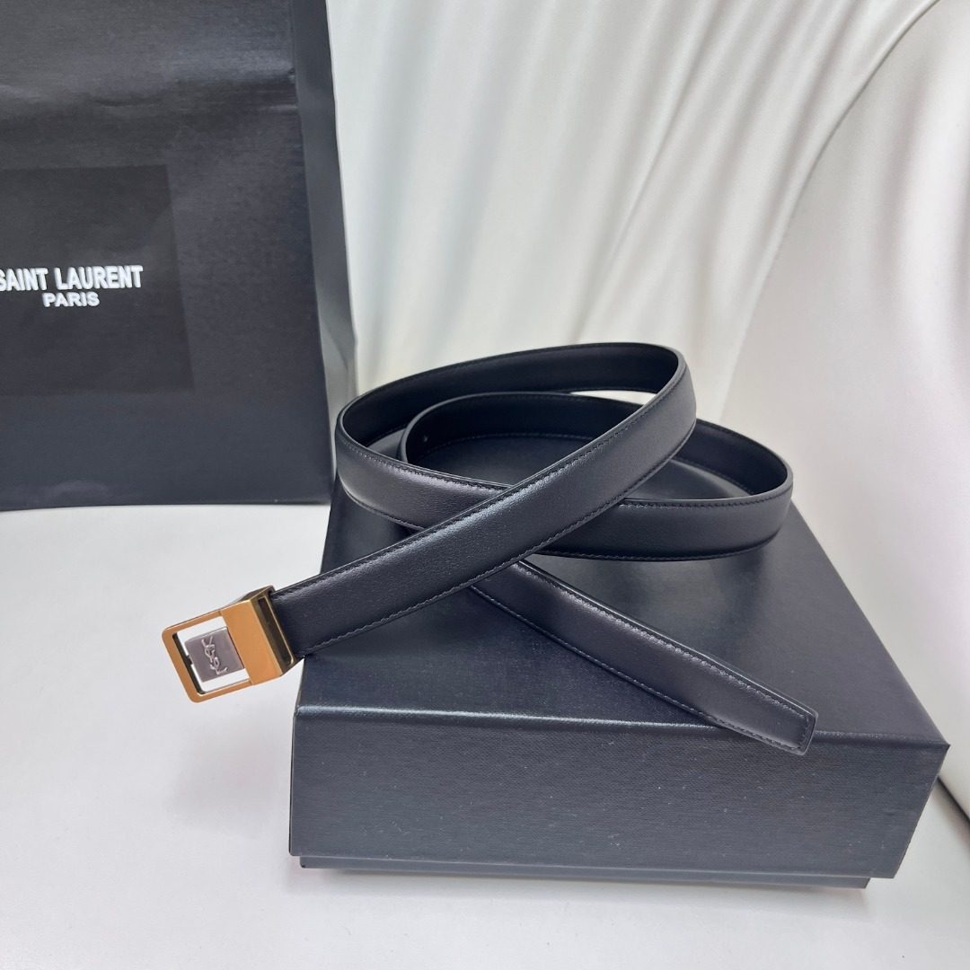 Saint Laurent Paris Leather Belt with Gold Buckle
