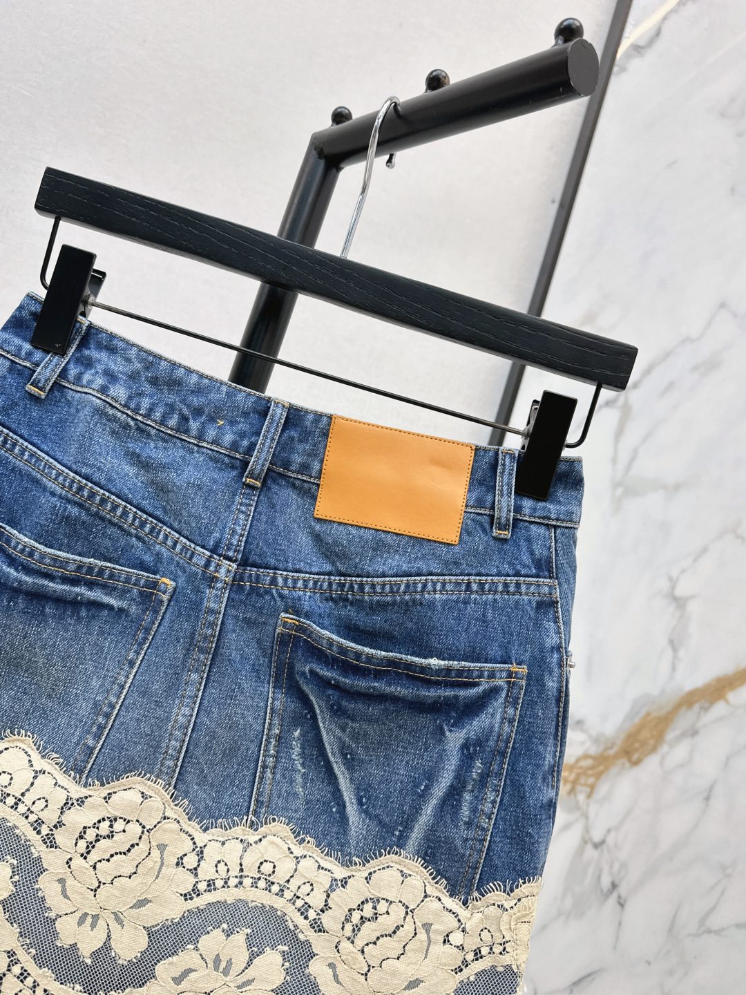 Denim Mini Skirt with Cream Lace Trim