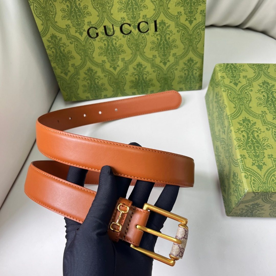 Gucci Leather Belt with Gold Buckle
