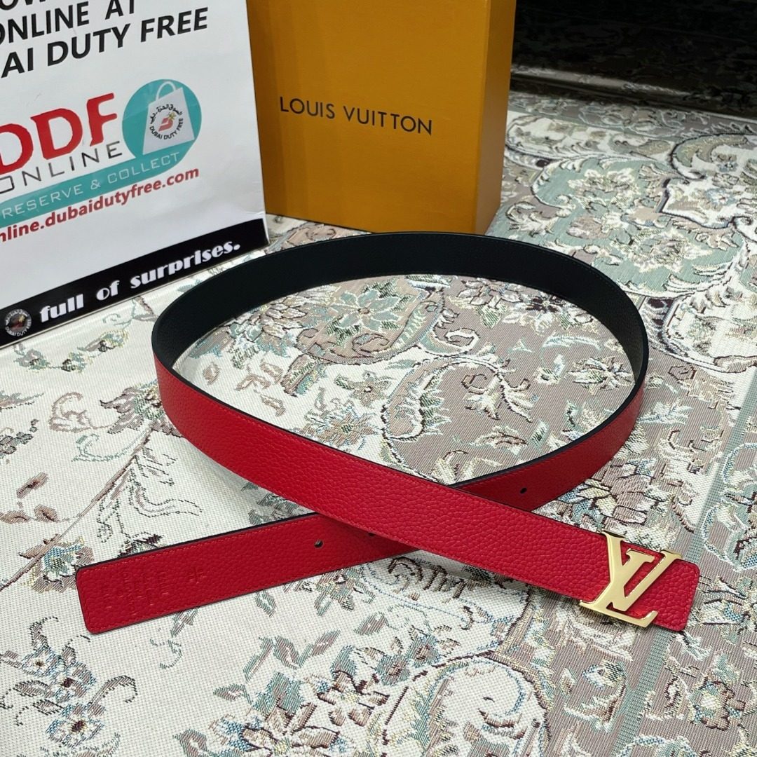 Louis Vuitton Red Leather Belt with Gold Buckle