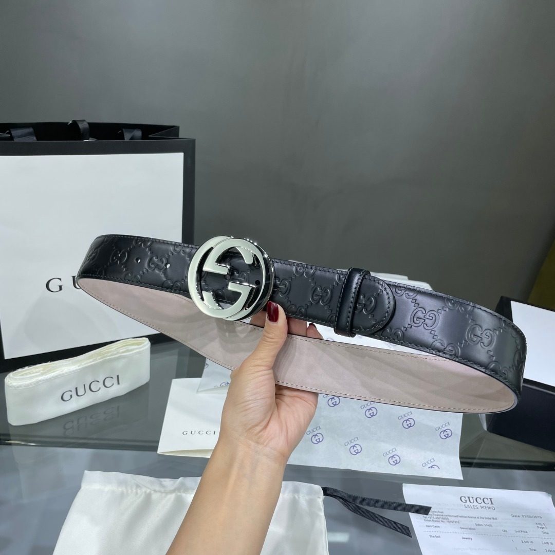 Gucci GG Embossed Leather Belt with Interlocking G Buckle