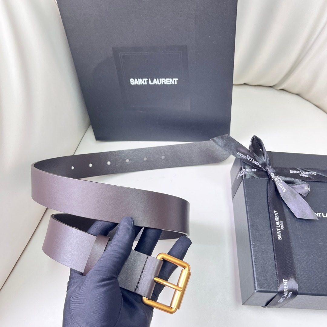 Saint Laurent Leather Belt with Gold Buckle