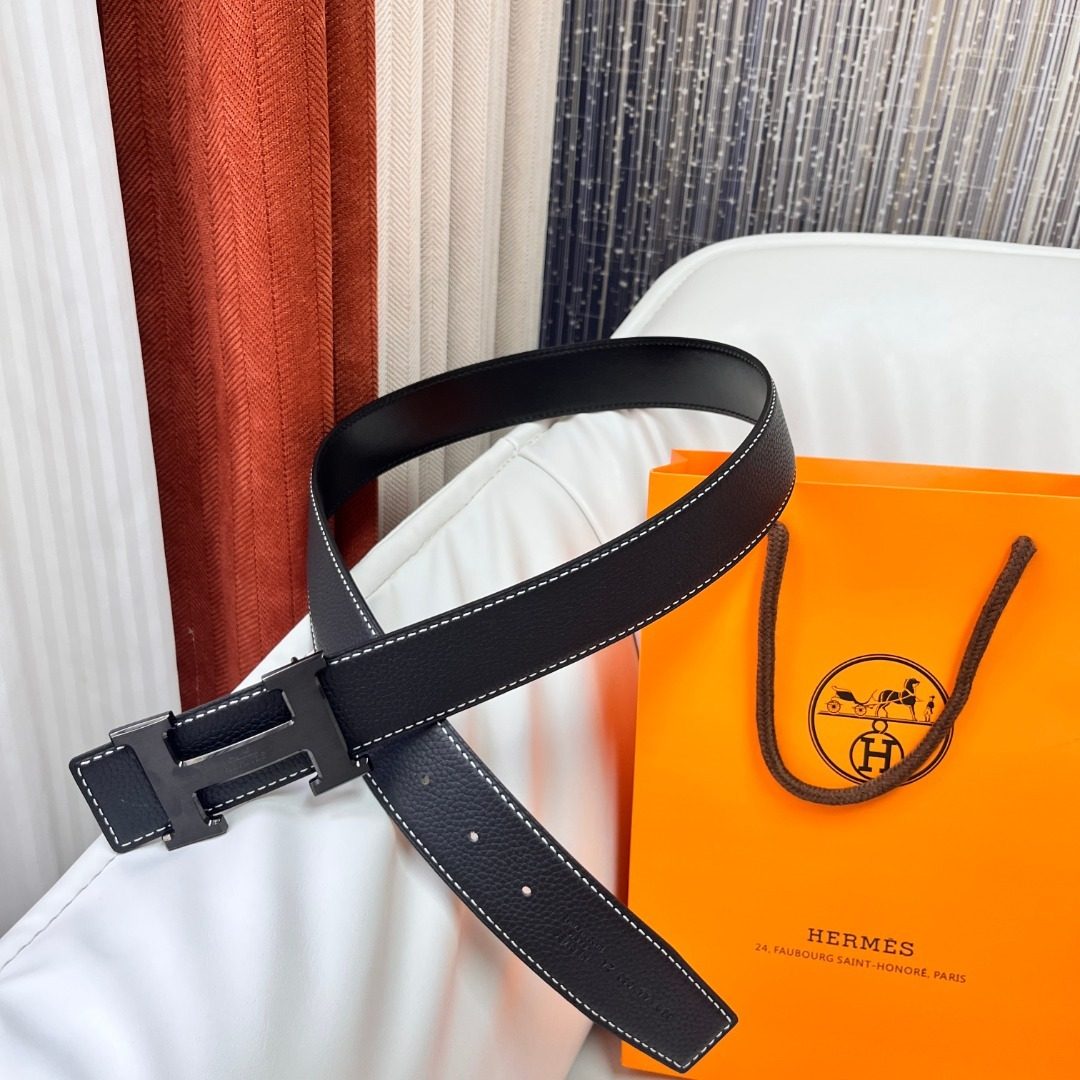 Hermès Black Leather H-Buckle Belt