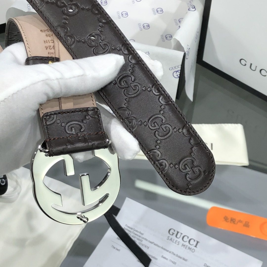 Gucci GG Leather Belt Silver Buckle