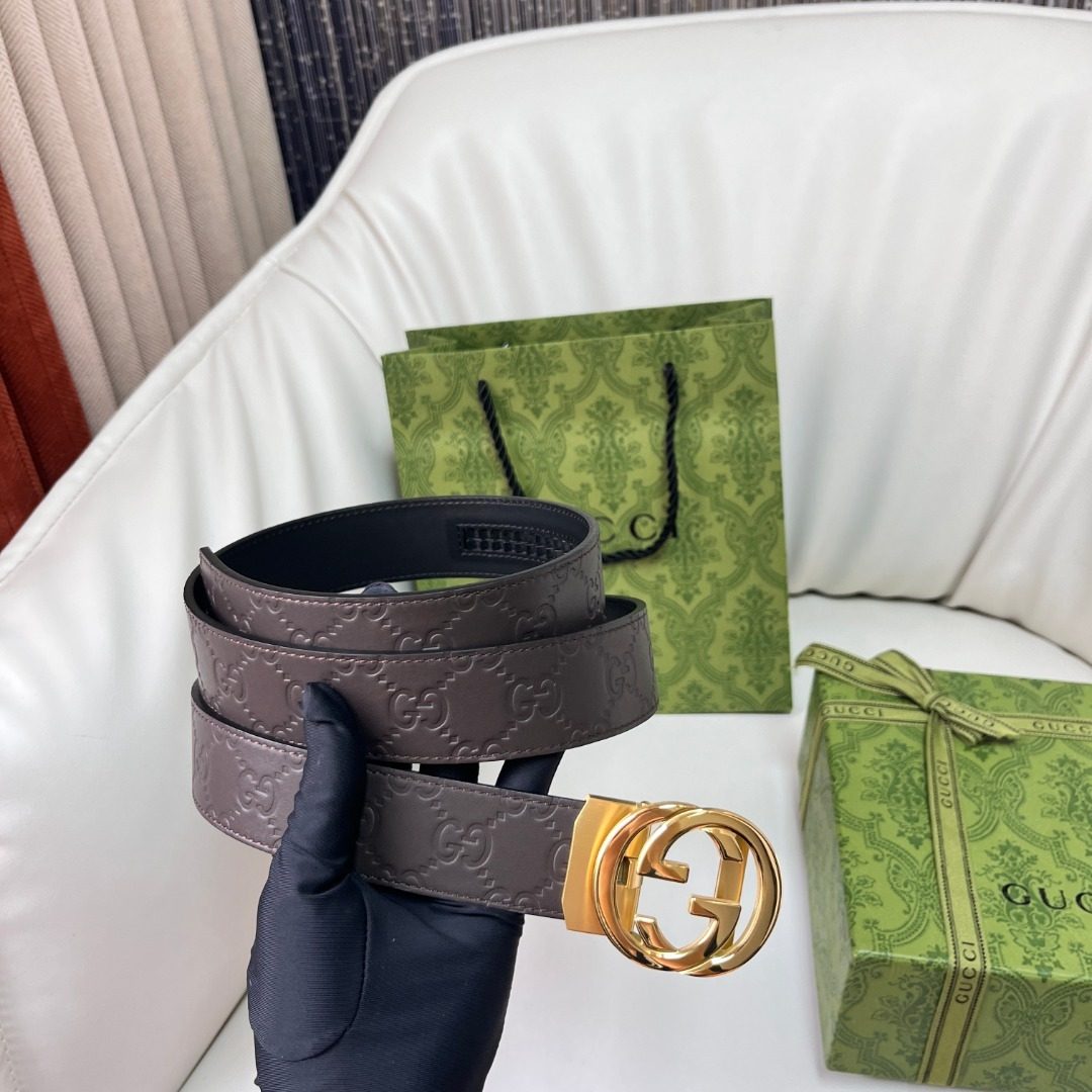 Gucci GG Embossed Leather Belt with Gold Buckle