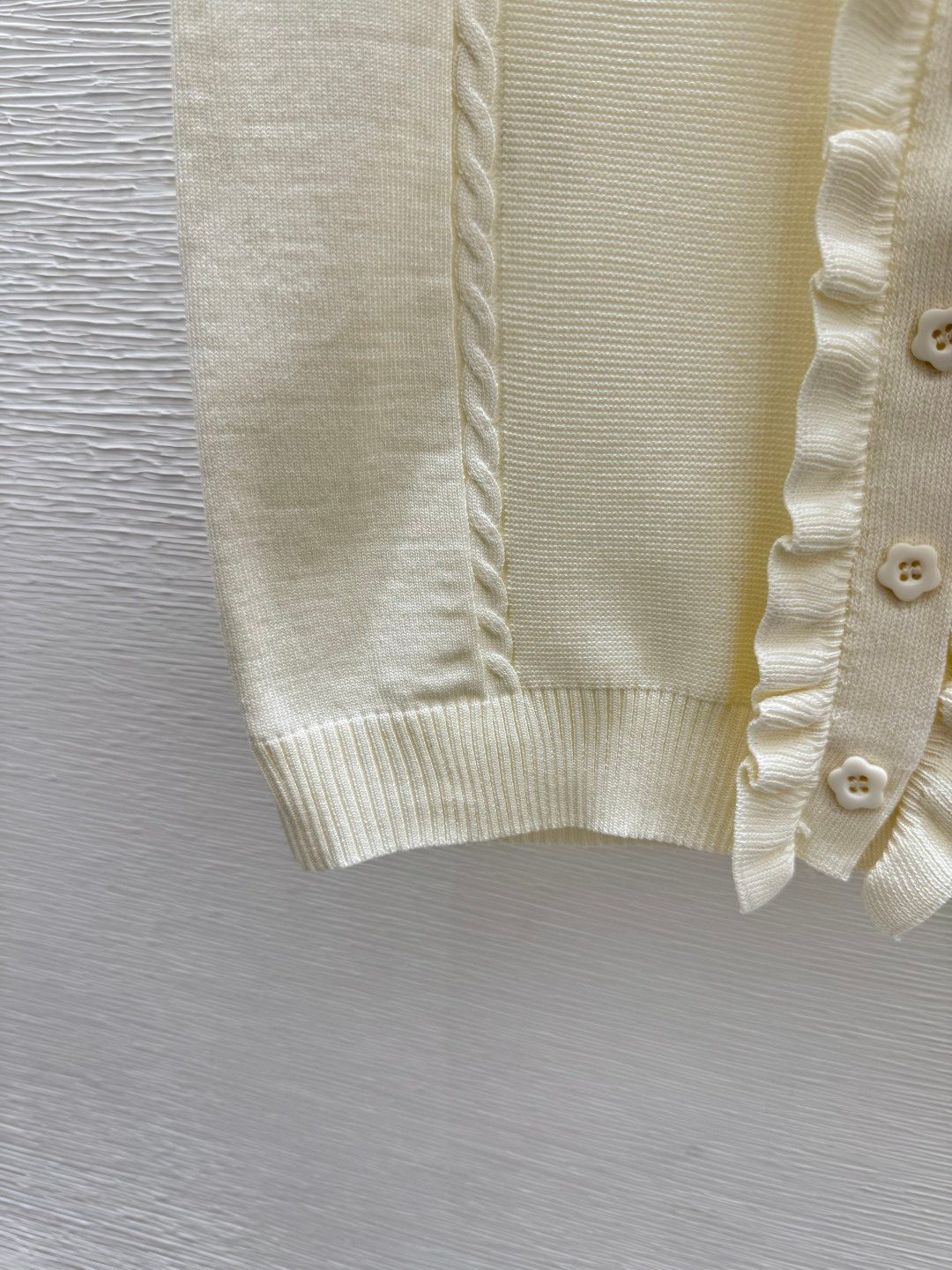 Cream Wool Cardigan with Ruffle Trim