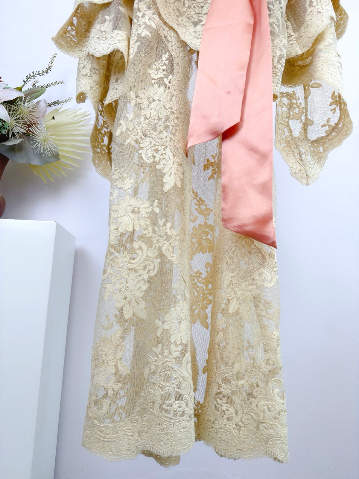 Cream Lace Wrap Dress with Pink Sash
