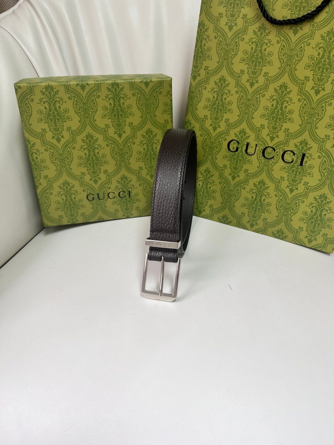 Gucci Textured Leather Belt with Silver Buckle