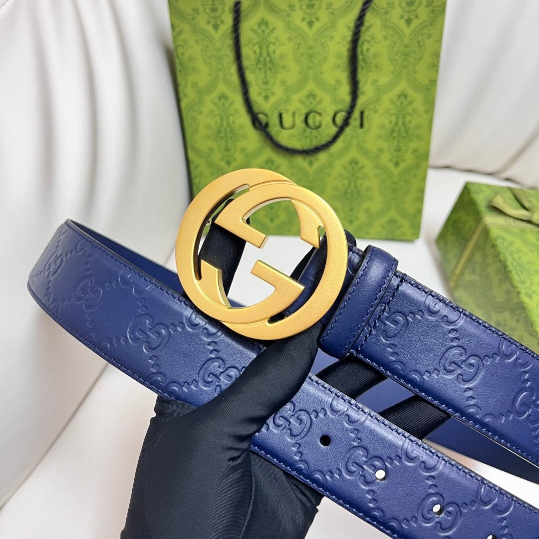 Gucci GG Embossed Leather Belt Navy
