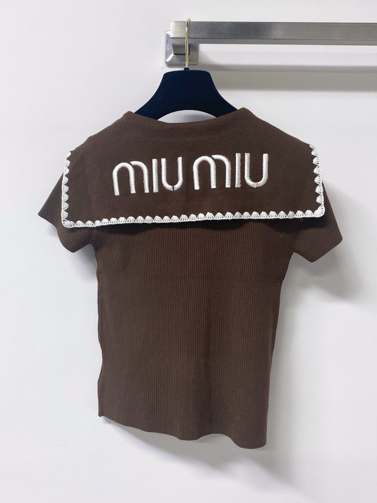Miu Miu Scalloped Trim Ribbed Short Sleeve T-Shirt
