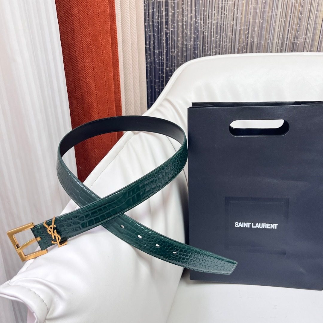 Saint Laurent Crocodile Embossed Leather Belt