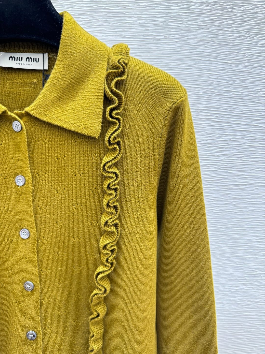 Miu Miu Ruffled Wool Cardigan Yellow