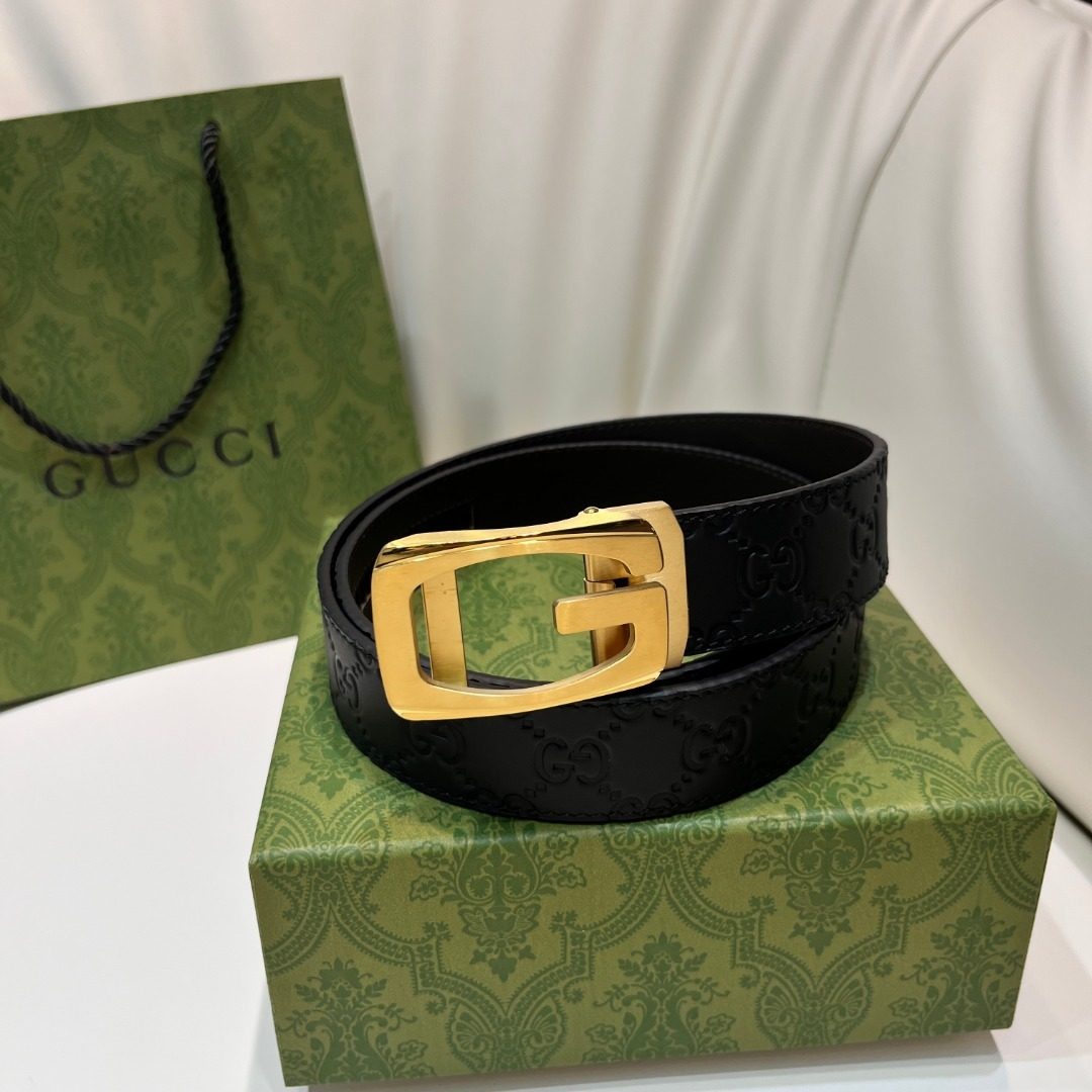 Gucci GG Embossed Leather Belt with Gold Buckle