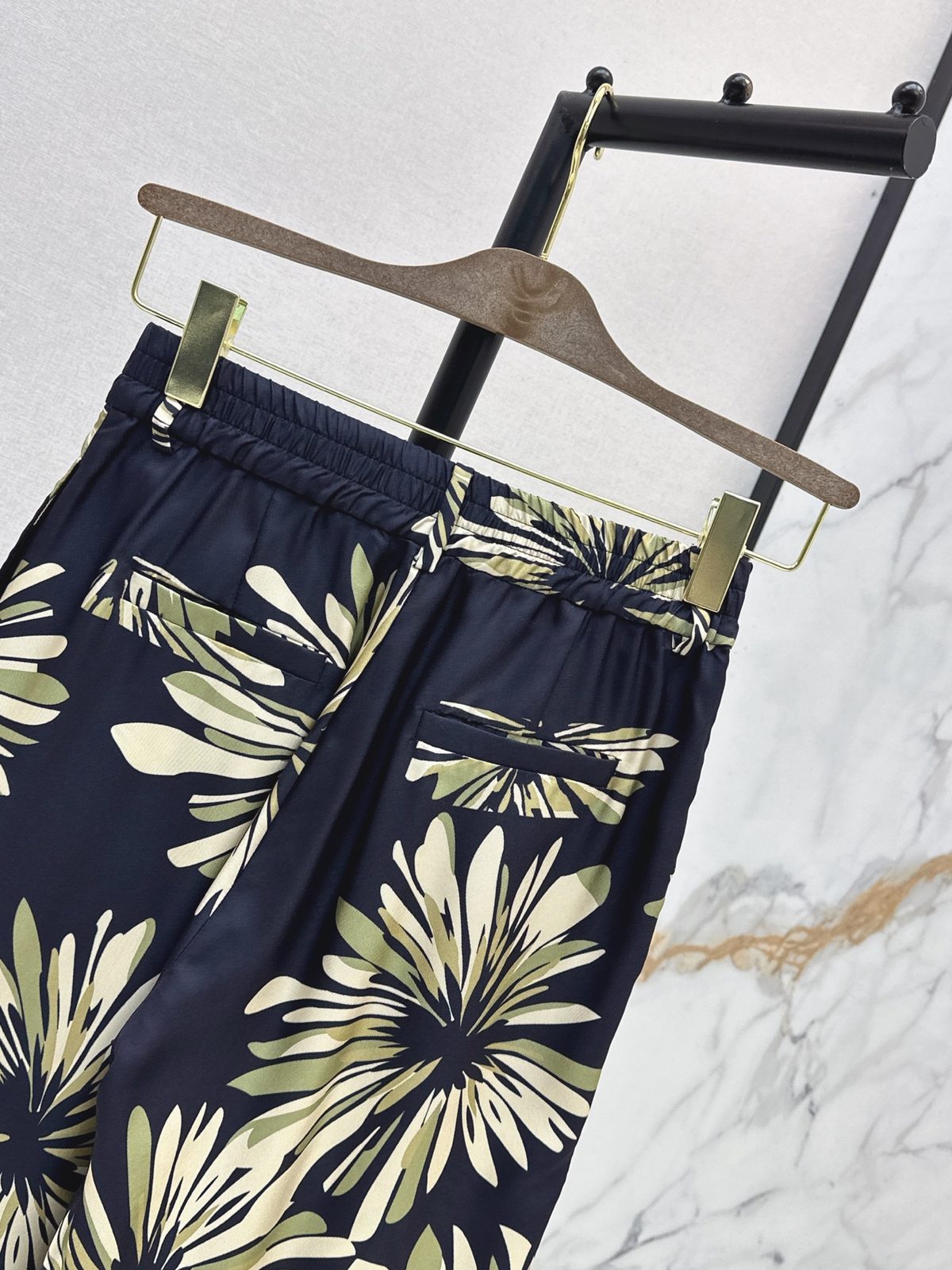 Navy Floral Print Drawstring Pants