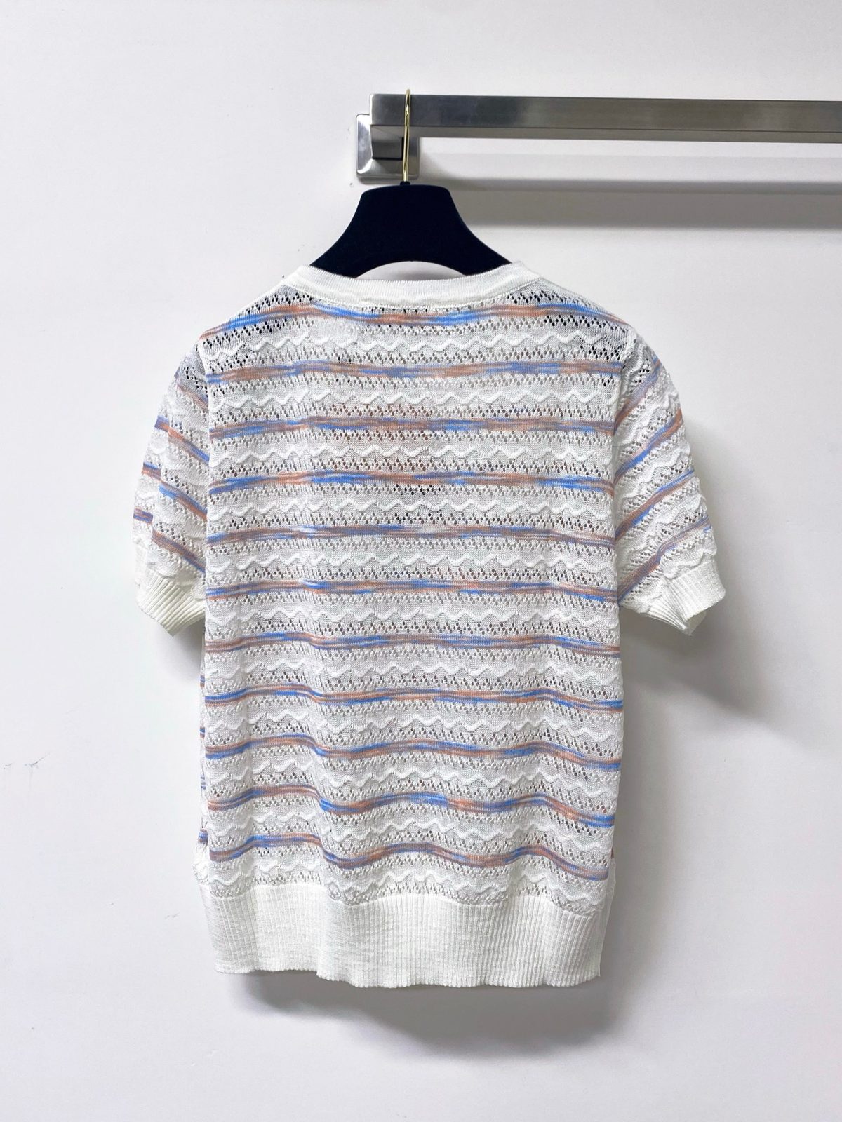Striped Knit Short Sleeve Crewneck Sweater