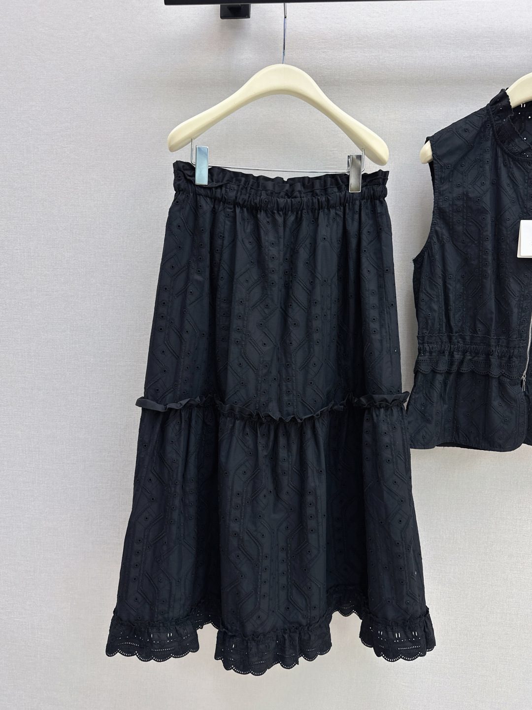 Hermès Black Cotton Eyelet Ruffle Skirt