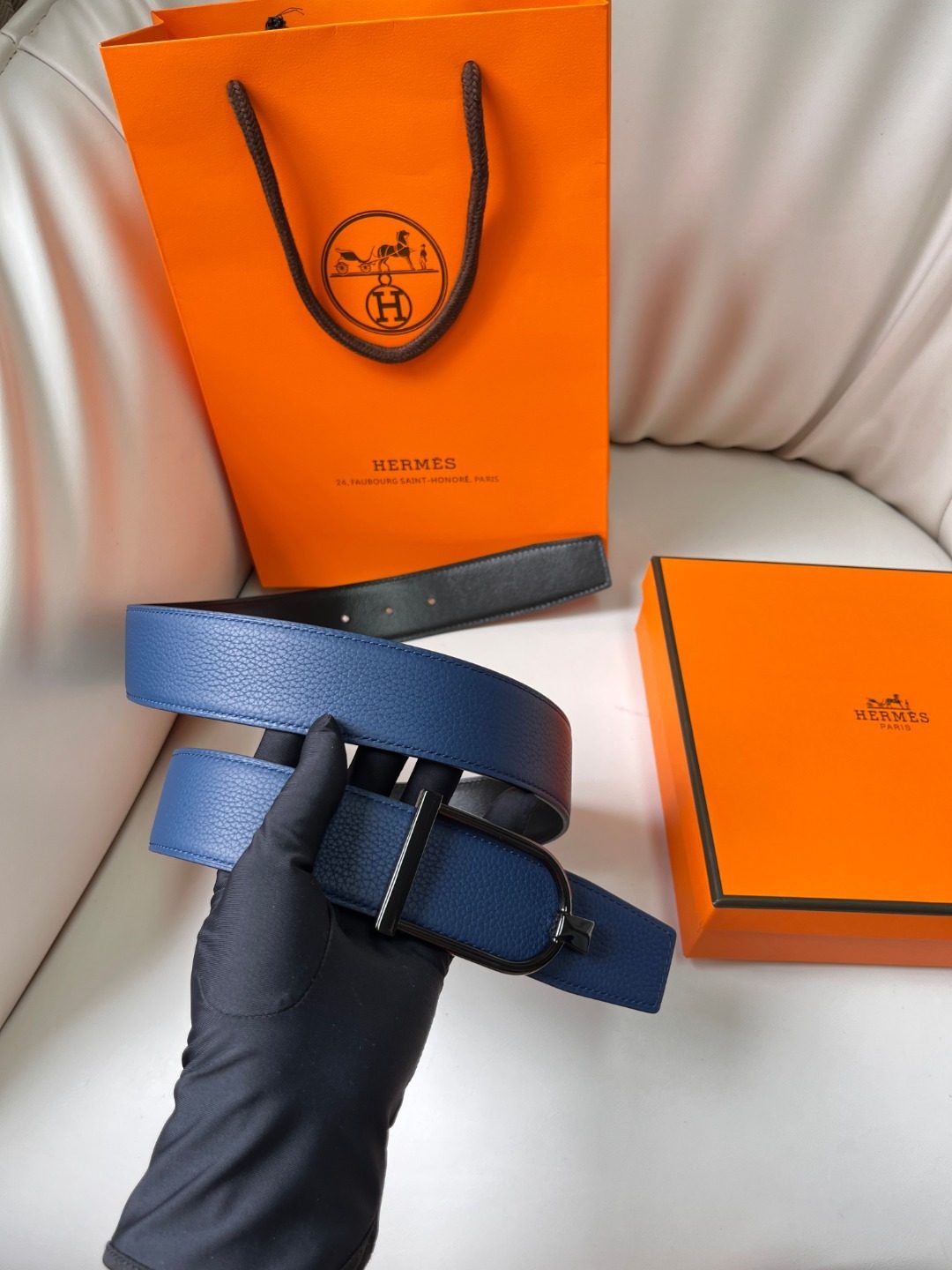 Hermès Reversible Leather Belt Blue