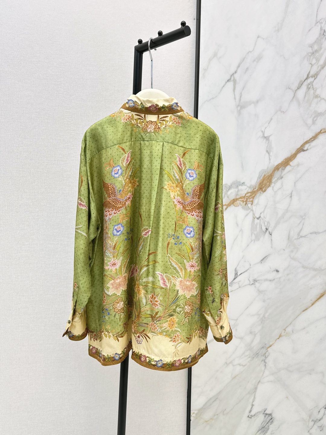 Luxury Floral Silk Shirt Jacket Green