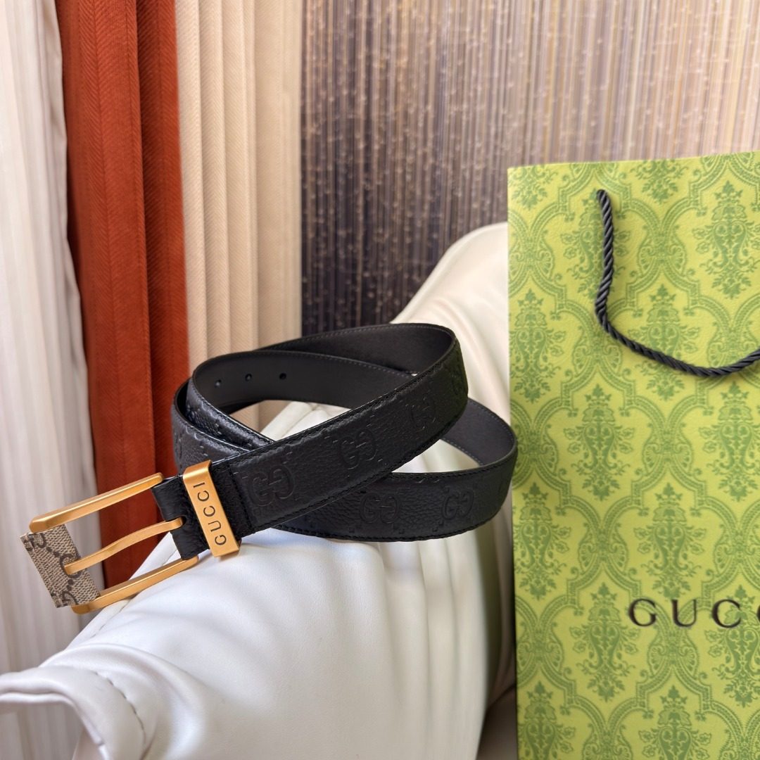 Gucci GG Embossed Black Leather Belt