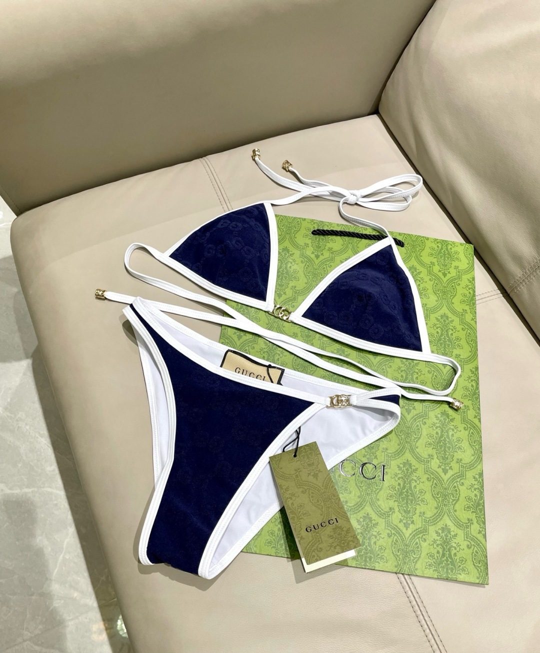 Gucci Navy and White Velvet Bikini Set