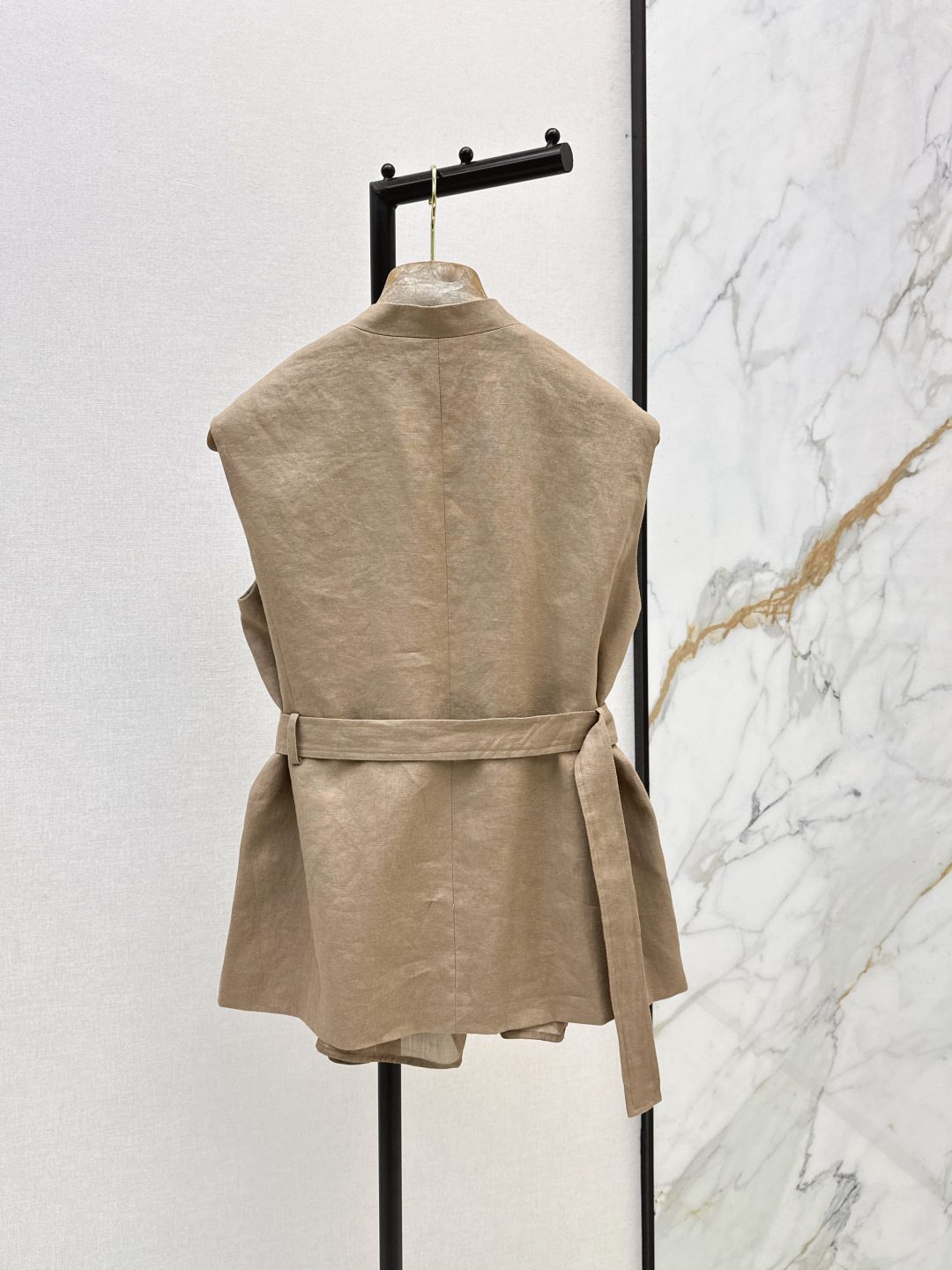Beige Linen Cargo Vest with Belt