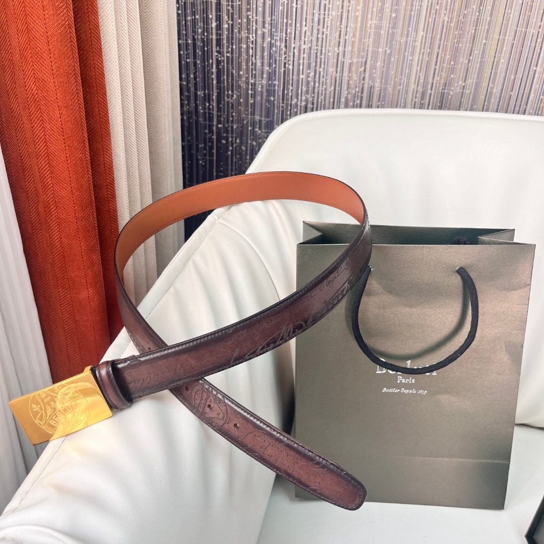 Berluti Paris Leather Belt with Gold Buckle